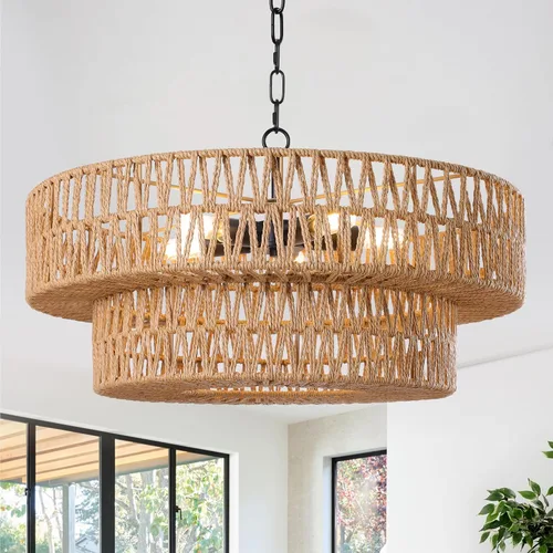Miniatura 12 de LamQee Candelabros de Ratán Estilo Granja de 22 Pulgadas, Lámpara de Araña Boho de 5 Luces con Pantalla de Mimbre Tejida a Mano, Luces Colgantes