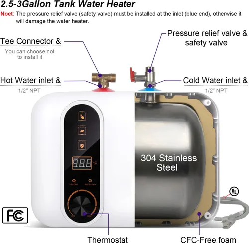 Miniatura 6 de Calentador de agua caliente eléctrico 110/120V pequeño y compacto de 2.5-3.0 galones, para RV, 1440-1500W, para cocina, debajo del fregadero, sobre