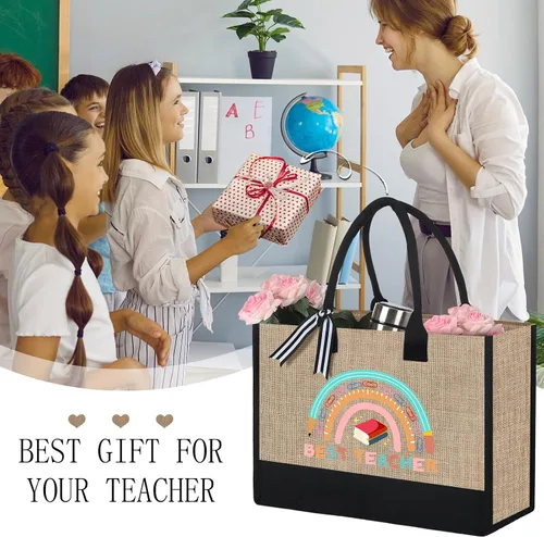 Miniatura 6 de Sanwuta 2 piezas de regalo de agradecimiento para profesores, bolsa de lona de yute arco iris, regalo de cumpleaños de agradecimiento para mujeres