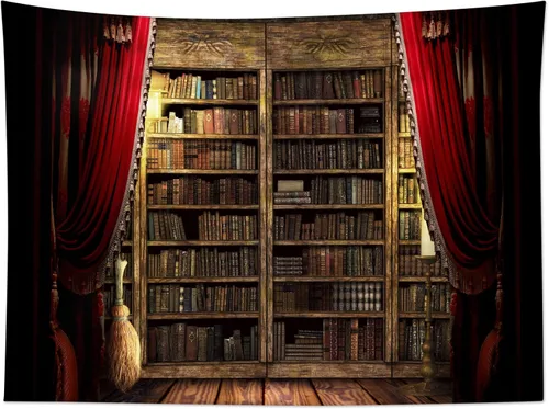 HVEST Tapiz vintage para colgar en la pared, castillo mágico, libros retro y escoba de bruja para dormitorio, sala de estar, decoración de pared de
