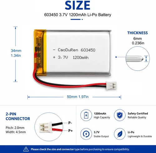 Miniatura 3 de Batería recargable de iones de polímero de litio Li Lipo de 3.7V con conector JST de 2 pines 0.079 in (603450 1100mAh)