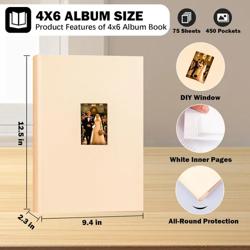 Miniatura 3 de Álbum de fotos de 4 x 6 pulgadas, 450 imágenes con espacio de escritura, cubierta de piel sintética, libro de fotos con ventana frontal para Beige