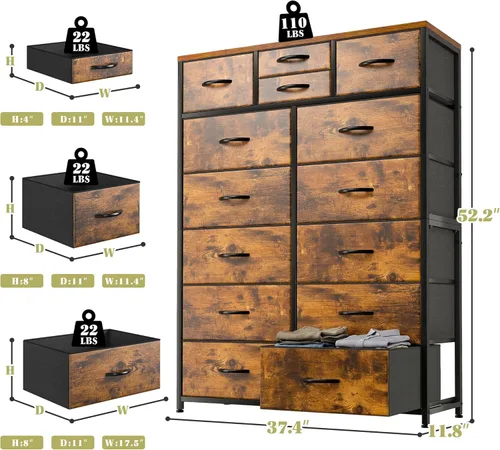 Miniatura 3 de Cómodas para dormitorio con 14 cajones de almacenamiento, cómodas y cajones de almacenamiento, marco de metal resistente y parte superior de madera