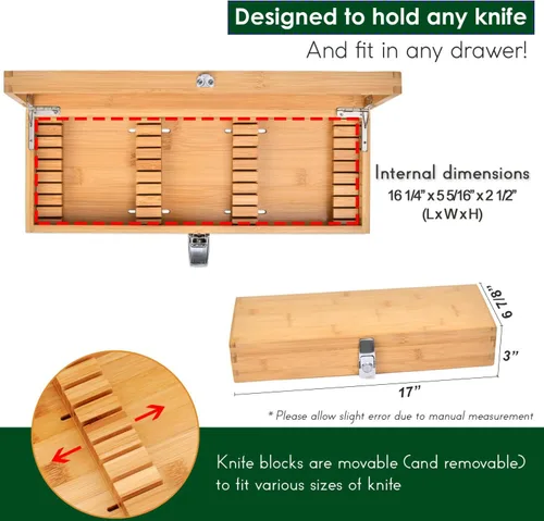 Miniatura 6 de Caja de seguridad de bambú para cuchillos de cocina, organizador de cajones de cuchillos, caja de almacenamiento con cerradura y llave para mantener