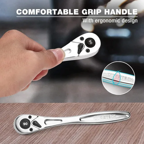 Miniatura 6 de DURATECH Mango de trinquete de 1/4, llave de enchufe de 90 dientes, llave de trinquete reversible, liberación rápida