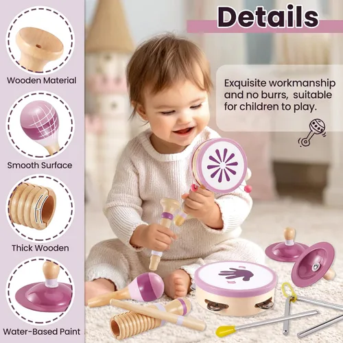 Miniatura 4 de BUYGER Instrumentos musicales de madera para niños pequeños de 1 a 3 años, instrumentos de percusión Montessori para bebés, juguetes musicales