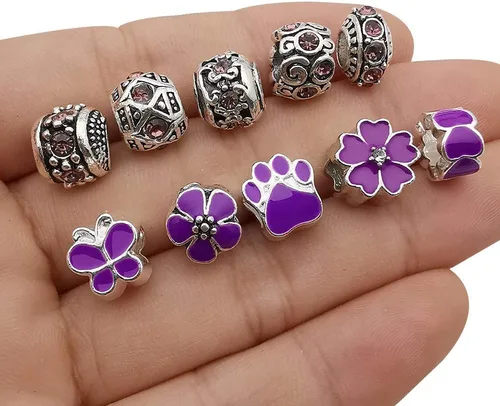 Miniatura 6 de 50 piezas de cuentas surtidas de resina púrpura de imitación de vidrio europeo con agujeros grandes, cuentas de diamantes de imitación de metal