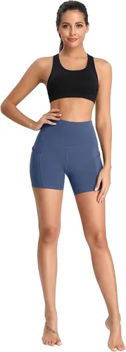 Miniatura 3 de Oalka Pantalones cortos de yoga para mujer, con bolsillos laterales, cintura alta, para entrenamiento, correr, deportes, 4 pulgadas