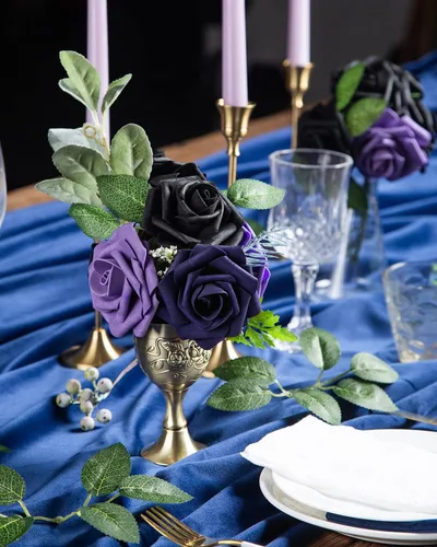 Miniatura 5 de DuHouse 25 rosas artificiales con tallos, flores de espuma de tacto real para bricolaje, ramo de boda, centro de mesa, arreglo floral de Halloween