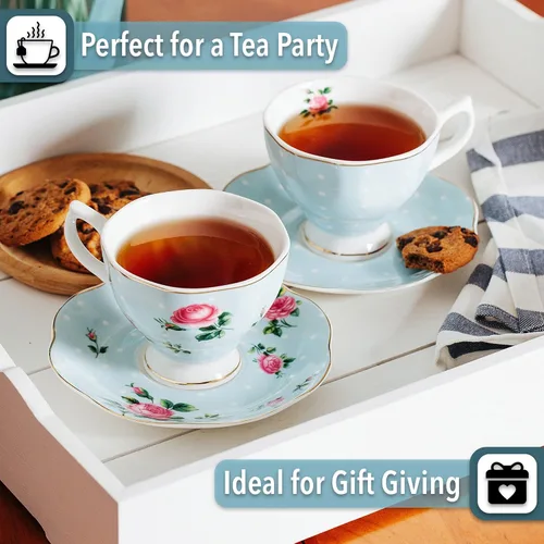 Miniatura 6 de BTaT- Juego de 2 tazas de té y platillos florales, 8 onzas, juego de tazas de té de porcelana fina con ribete dorado para té de la tarde, bodas, Azul