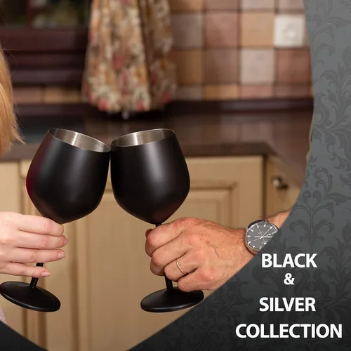 Miniatura 5 de Juego de 4 vasos de acero inoxidable, colección negro y plateado, vasos irrompibles de 18 onzas con tapón de vino, vasos de metal portátiles