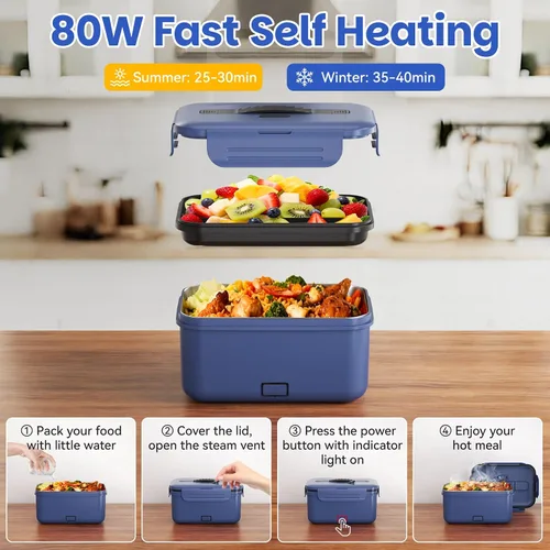 Miniatura 4 de Vingud Lonchera eléctrica inalámbrica para adultos, lonchera térmica recargable de 1.8 L, calentador de alimentos, lonchera portátil autocalentable