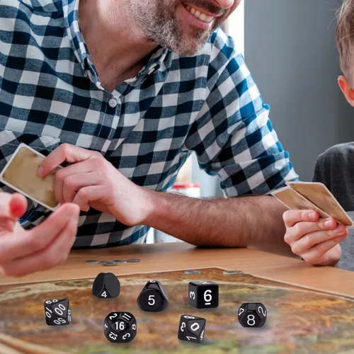 Miniatura 6 de AUSTOR juego completo de 15 dados poliédricos D3-D100 con bolsa de cuero de almacenamiento con cordón para juegos de mesa de rol (negro y blanco)