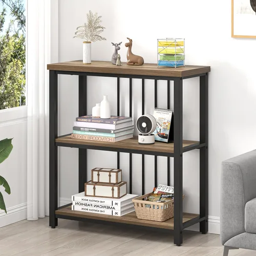 Miniatura 10 de FOLUBAN Estantería de 3 niveles, estantería industrial y estantes para libros, para dormitorio, madera rústica y metal, para oficina, roble