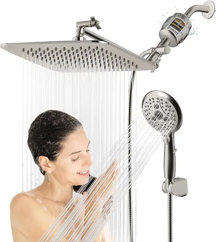 Cabezal de ducha filtrado doble de 20 etapas de 10 pulgadas con mango, 6 configuraciones de rociado, cabezal de ducha de mano de alta presión, combo