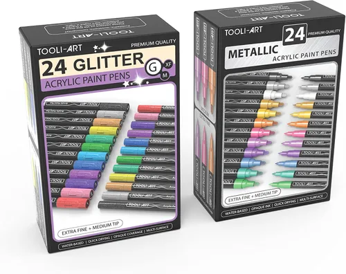 TOOLI-ART Juego de 48 bolígrafos de pintura acrílica metálica con purpurina para pintura de roca, vidrio, tazas, madera, metal, lienzo, tela,