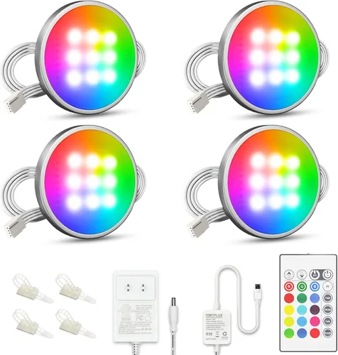 MYPLUS Kit de iluminación para debajo del gabinete, luces de disco RGB con control remoto que cambia de color y LED brillantes, 12 V, 7.5 W, kit de