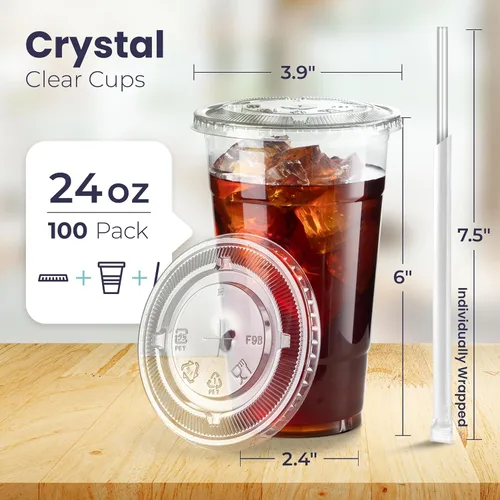 Miniatura 2 de Fit Meal Prep Paquete de 100 Vasos de Plástico para Café Helado de 24 oz con Tapas Planas y Pajitas Transparentes, Vaso Transparente Desechable