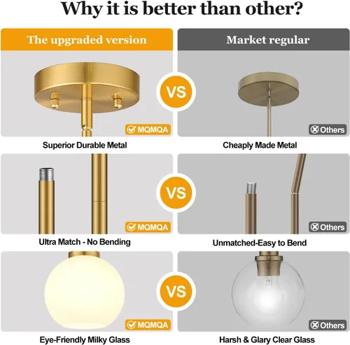 Miniatura 9 de Paquete de 2 luces colgantes de vidrio ajustable de 22 a 50 pulgadas de altura para isla de cocina, luces colgantes de globo dorado cepillado