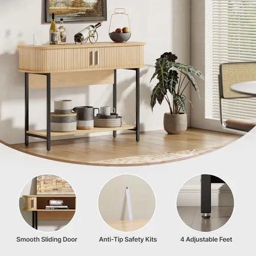 Miniatura 7 de Mesa de Entrada Moderna de Mediados de Siglo de 40", Mesa Consola Acanalada Ultra Delgada con Almacenamiento y Puertas Corredizas, Mesa de Sofá