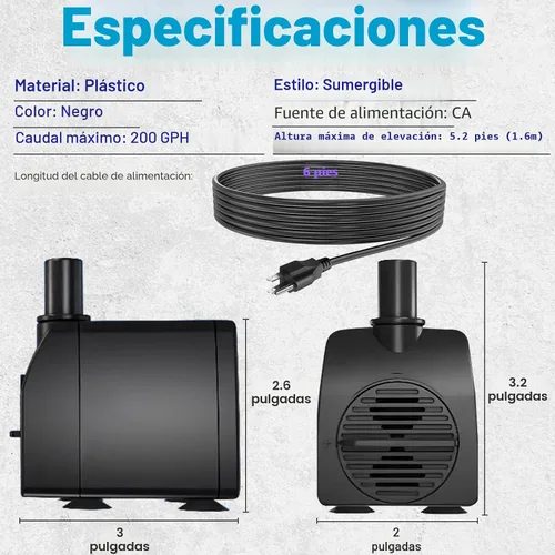 Miniatura 3 de Knifel Bomba sumergible de 200 GPH ultra silenciosa con protección contra sobrecalentamiento, elevación de 5.2 pies de alto para fuentes