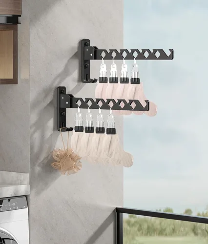 Miniatura 7 de Soporte para colgar abrigos de pared, organizador de secado de ropa negro, ganchos de aluminio retráctiles plegables para interiores para colgar
