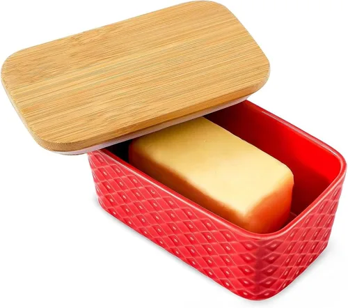Miniatura 10 de Hasense Mantequillera de cerámica con tapa, recipiente grande para mantequilla hermética para encimera, patrón azul marino en relieve, fácil