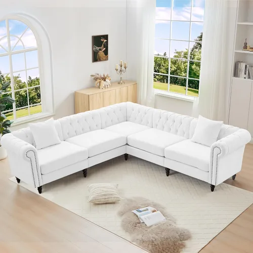 Miniatura 9 de LEVNARY Sofá seccional Chesterfield en forma de L de 108 pulgadas con otomana móvil, sofá de 4 asientos con brazos curvos, tapizado en piel