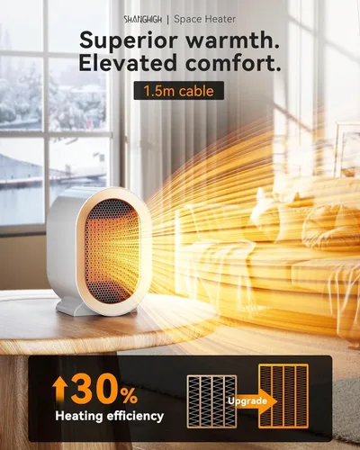 Miniatura 3 de QQT Calentador de espacio eléctrico, calentadores de espacio portátiles de bajo consumo para uso en interiores, ventilador portátil de dos Negro