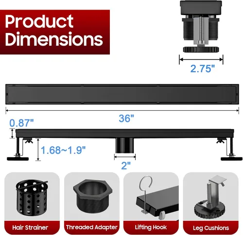 Miniatura 4 de DLONE Drenaje lineal de ducha Drenaje lineal de acero inoxidable AISI 304 de 36 pulgadas, desagüe de ducha negro mate con panel de inserción