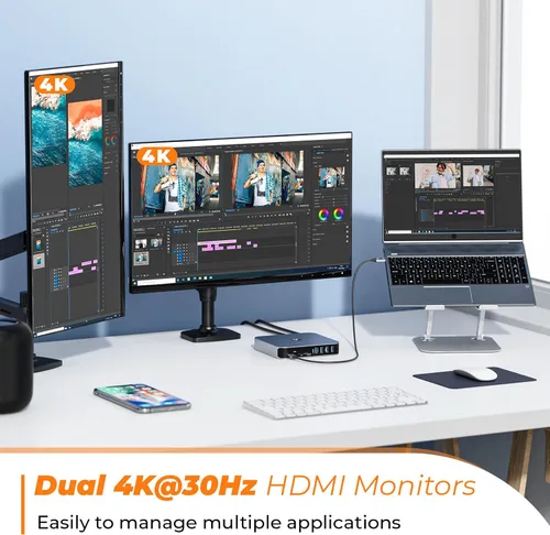 Miniatura 4 de TobenONE Docking Station 3 Monitores, basado en controlador, para MacBook M1-M5/Neo 13-in-1 USB C Dock with 2 4K HDMI, VGA, 4 USB, 65W Charger