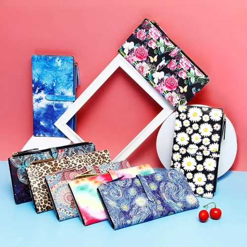 Miniatura 6 de Billeteras delgadas para mujer, tarjetero RFID plegable con bolsillo con cremallera, Mandala azul, Delgado