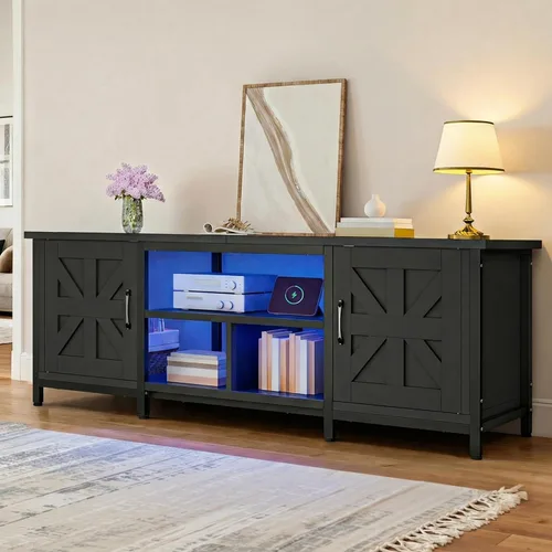 DWVO Soporte de TV de granja con toma de corriente y luces LED, consolas de TV para televisores de hasta 70 pulgadas, centro de entretenimiento con