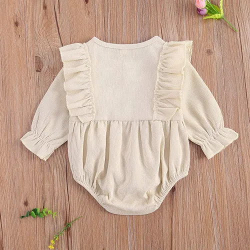 Miniatura 4 de Ropa de bebé niña sólida con volantes de manga larga mameluco de una pieza para otoño e invierno