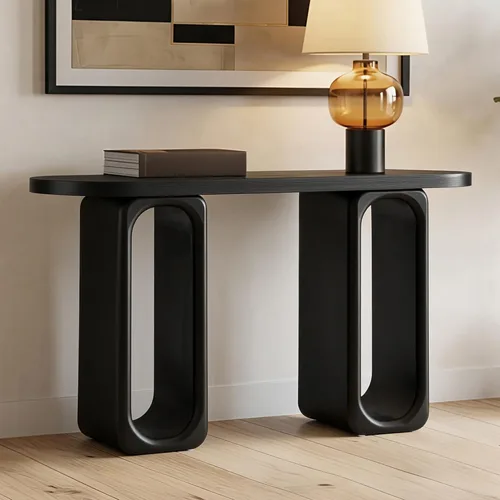 50" Modern Art Sculptural Console Table, Oval Cutout Legs, Wood Veneer, Thick Rounded Tabletop, Contemporary Entryway Sofa Table for Living Room