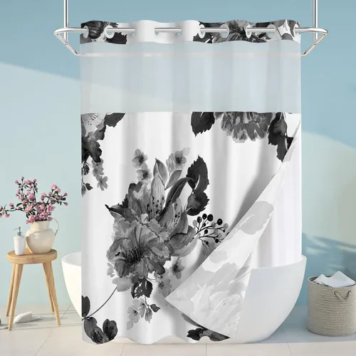 Juego de cortina de ducha y forro sin gancho, cortinas de ducha florales negras para baño, juegos de cortinas de baño de hotel moderno con forro a