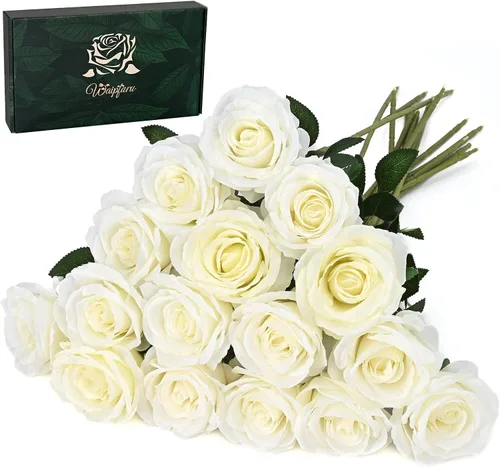 Miniatura 22 de Waipfaru 20 rosas blancas falsas de aliento de bebé, flores artificiales a granel, rosa blanca de seda con tallos largos para ramo de boda, jarrón