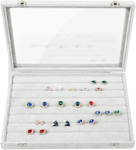 Stylifing Organizador de aretes de anillo con tapa transparente de 7 ranuras, bandeja de joyería, organizador de cajones con cerradura para novia y