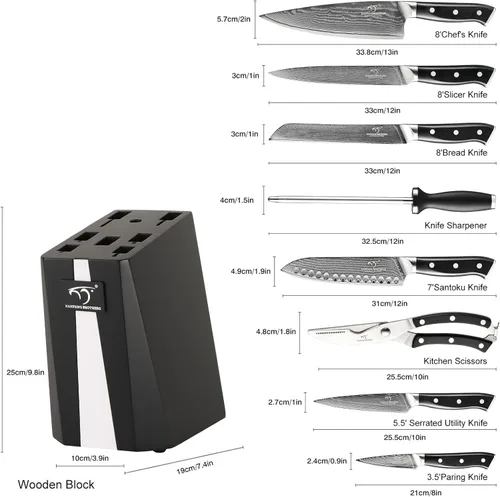 Miniatura 2 de NANFANG BROTHERS Juego de cuchillos de cocina de Damasco de 9 piezas con bloque, mango ergonómico ABS para juego de cuchillos de chef, afilador