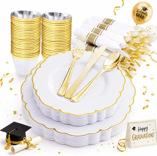 Miniatura 10 de Morejoy 175 platos de plástico rosa, juegos de platos desechables rosa y dorado, incluye 25 platos llanos, 25 platos de postre, 25 juegos de rosa