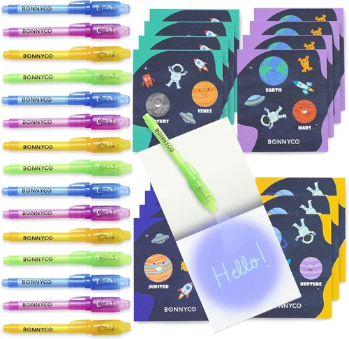BONNYCO Paquete de bolígrafo y cuaderno de tinta invisible, 16 recuerdos de fiesta espacial. Recuerdos de fiesta temática espacial para niños,