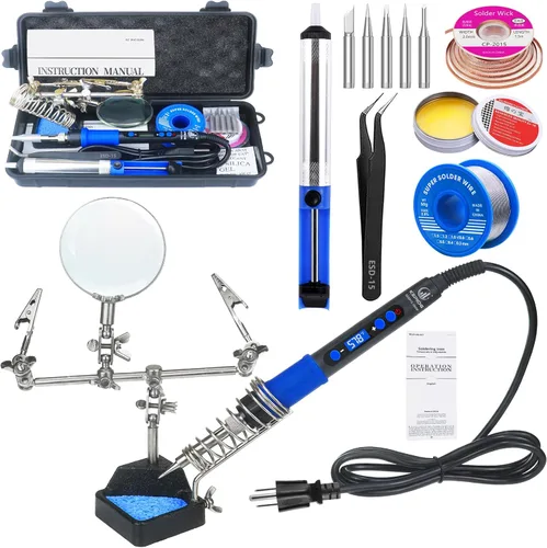 Kit de soldador, soldador digital LCD de alta potencia de 100W, kit de soldadura para reparación de placas de circuito con lupa y manos de ayuda,