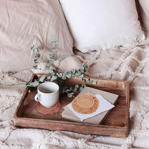 Miniatura 4 de Whaline Juego de 4 posavasos de macramé bohemios tejidos hechos a mano para bebidas, tapete bohemio con borla para tipos de tazas y tazas, café