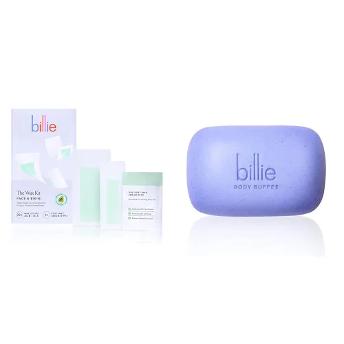 Billie Kit de cera - Cara y Bikini - 32 tiras de cera - 6 toallitas de suero post-cera y tampón corporal - Barra exfoliante preafeitada - 3.5 oz