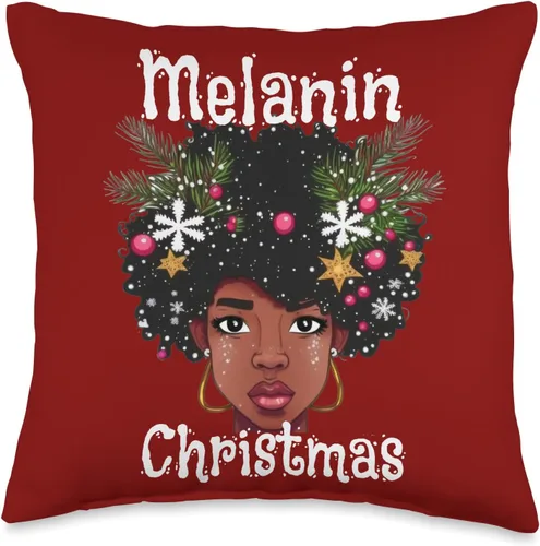 Melanin Christmas Brown Skin Girls Shopp Melanin Christmas Black Girl Magic Women Mrs Claus Afro Love Throw Pillow, 16x16, Multicolor