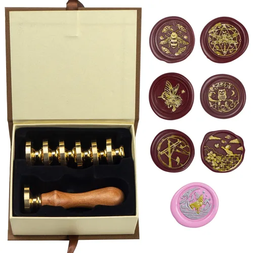 Juego de sellos de cera de animales con 7 cabezas de latón extraíbles y 1 mango de madera, sello de cera retro para gatos, pájaros, mariposa, abeja,
