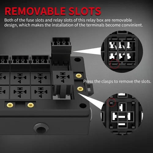 Miniatura 6 de DAIERTEK Caja de relé de fusibles de 12 V, automotriz, 10 ranuras, soporte de relé de 15 ranuras, soporte de fusibles ATC/ATO, bloque universal