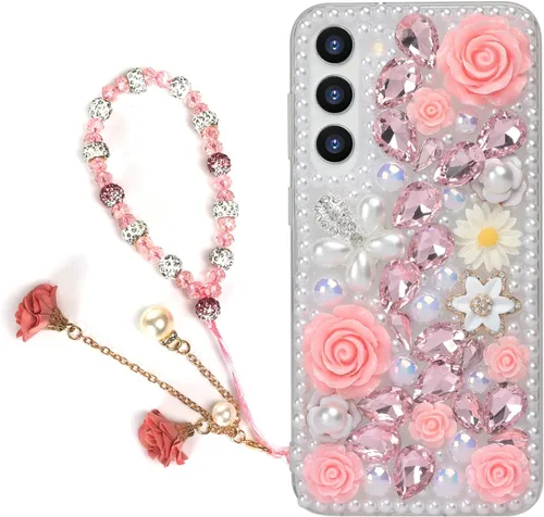 Miniatura 13 de para iPhone 14 Pro - Funda con Purpurina y Diamantes de Imitación, de Lujo, con Cristales Brillantes, Flores de Rosa, Perlas Florales, Pulseras