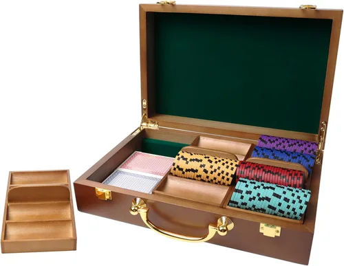 Miniatura 8 de GSE Games & Sports Expert Estuche de madera para fichas de póquer con 5 bandejas de fichas, capacidad para 500 fichas, soporte de fichas de grado