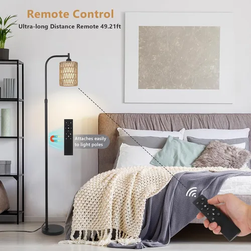 Miniatura 6 de LAMSU Lámpara de pie con control remoto, lámpara de pie de ratán regulable con bombilla LED, lámpara de poste alto industrial negra con pantallas